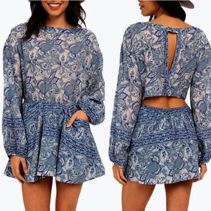 Free People Silver Sun Bohemian Printed Mini Dress Open Back‎ Sz S